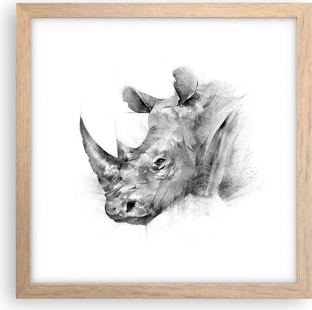 Gerahmtes Poster - Rahmen in heller Eiche - Nashorn Porträt Grafik - 30x30 cm - Wand Bild - Wanddeko - Wandbilder - Kunstposter - Wandposter - Bil...