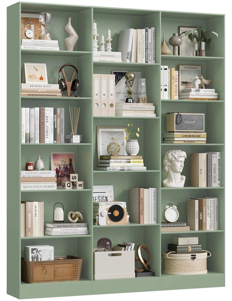 Bücherregal Regal - Standregal mit 17 Fächern - 6 Ebenen - Holz - Wohnzimmer & Büro - 149x23,5x188 cm - Grün