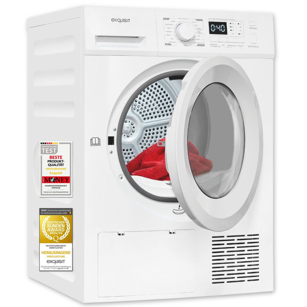 Exquisit Wärmepumpentrockner, 10 kg, 16 Programme, Knitterschutz, LED, Trockner, Frontlader, TWP1001-030D weiss
