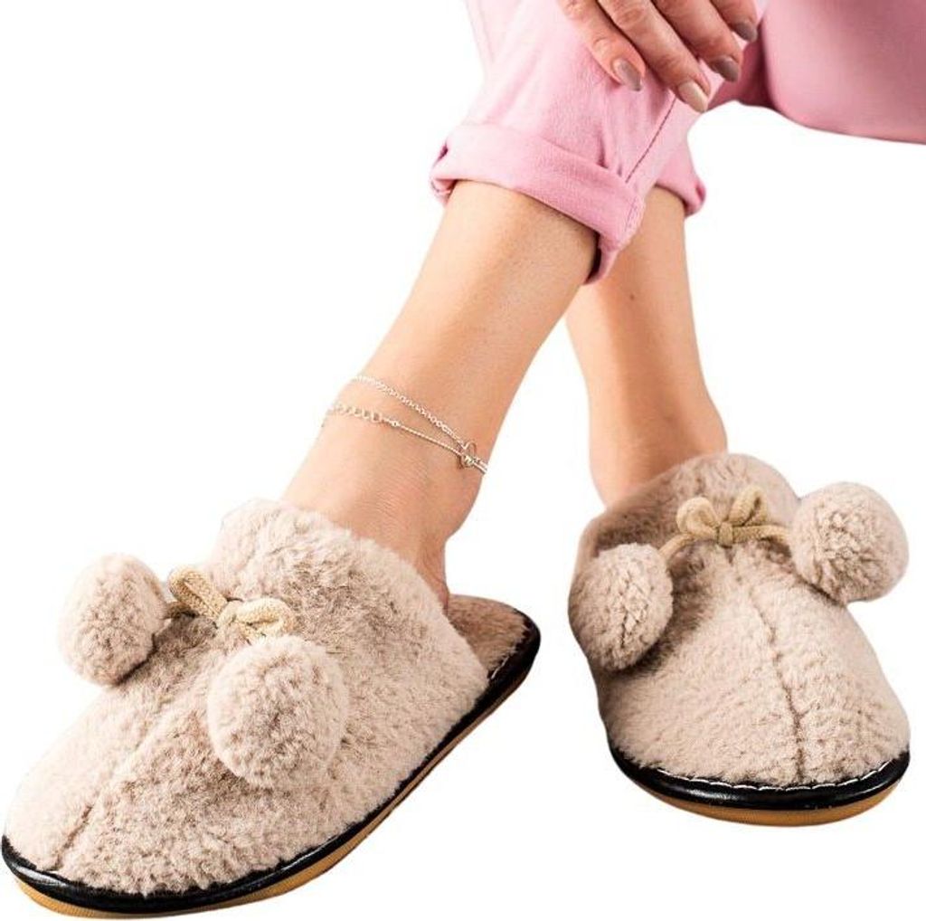 Damen Kinder Pantoffeln Puschen Hausschuhe Gefüttert Winter Warm Pompon Gr.36/37