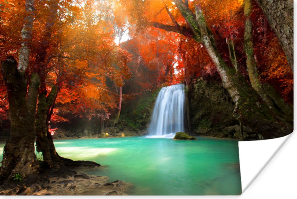 MuchoWow Poster Herbst - Wasserfall - Wald 30x20 cm - Plakate - Print