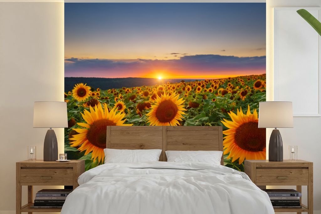 MuchoWow Fototapete für Wohnzimmer oder Schlafzimmer Wandtapete Vinyl Motivtapete Blumen - Nacht - Sonnenuntergang - Sonnenblume - Horizont - 30...