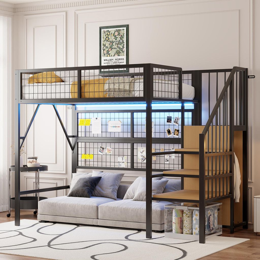 A loft bed with a sofa underneath, set up in a room.