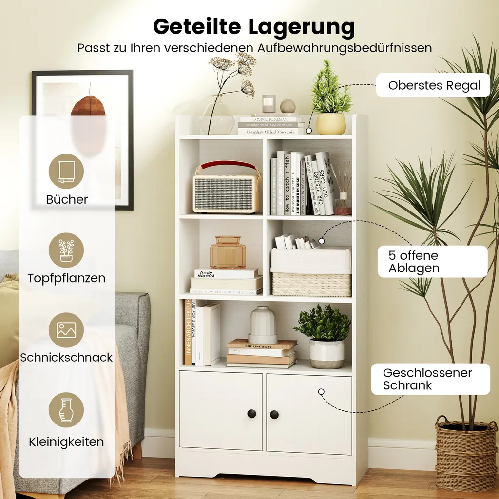 Petite bibliothèque vitrine blanche avec 5 compartiments et rangements