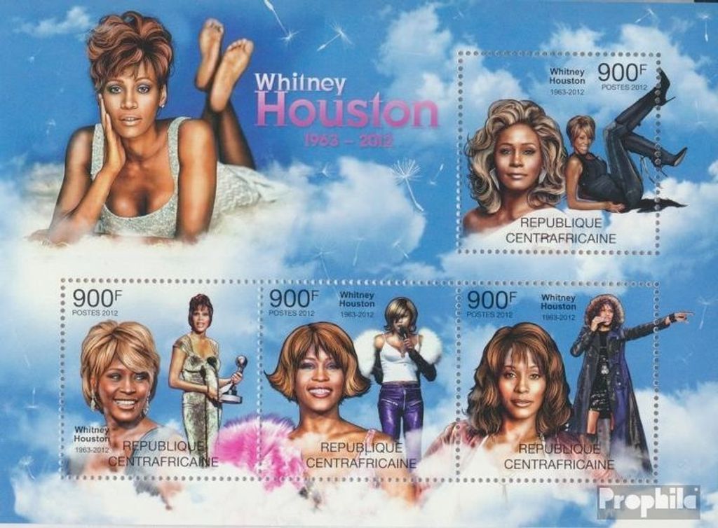 Briefmarken Zentralafrikanische Republik 2012 Mi 3732-3735 Kleinbogen (kompl. Ausgabe) postfrisch Whitney Houston (1983-2012)