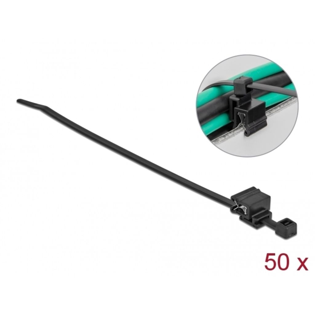 DeLOCK Kabelbinder mit Befestigungsclip L 200 x B 4,8 mm schwarz 50 Stück, Leiter-Kabelbinder, Polyamid, Schwarz, 5 cm, 200 mm, 4,8 mm
