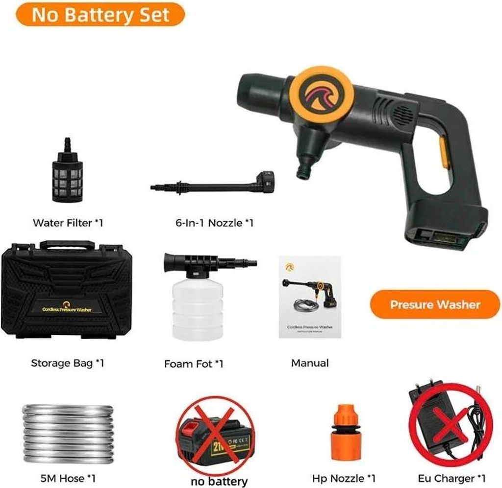Mobile Hochdruckreiniger-Pistole - Bürstenlos - 3000 W 200 bar - 6‐in‐1 Düse - 3 Stufen - 21V kompatibel, ohne Akku - 5 m Schlauch - Orange