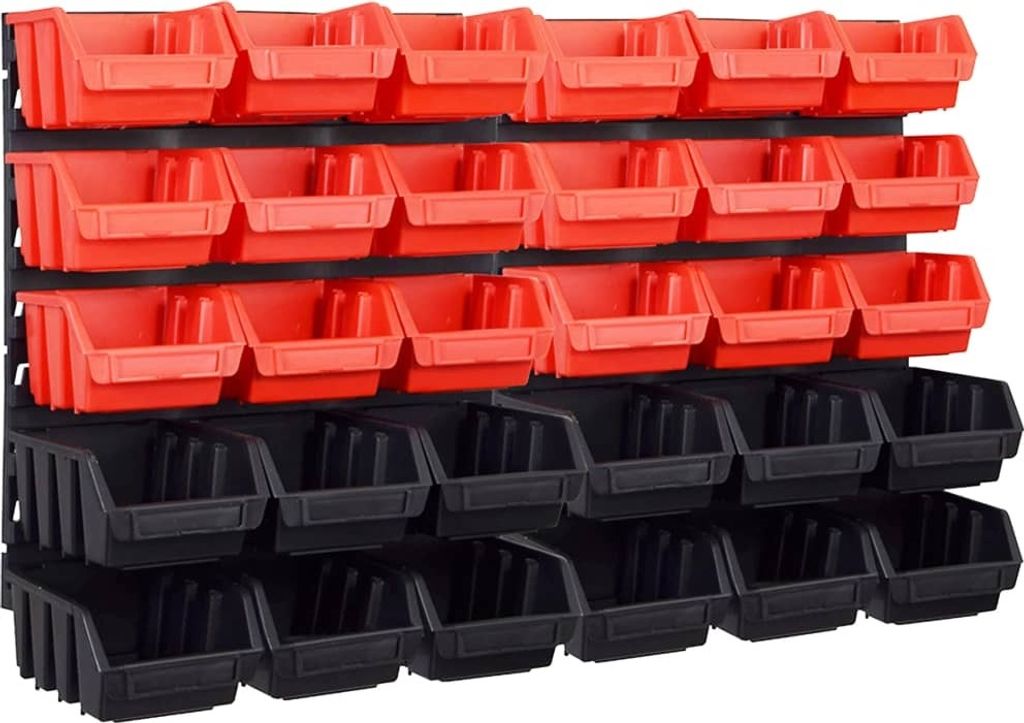 32-tlg. Sichtlagerkasten-Set mit Wandhalterung Rot und Schwarz