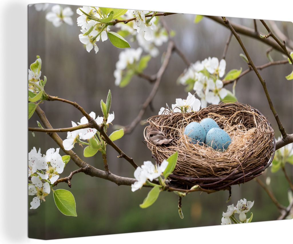 OneMillionCanvasses - Leinwandbilder - 140x90 cm, Rotkehlchennest inmitten der Frühlingsblüten, Wandbilder Kunstdruck Wanddekoration