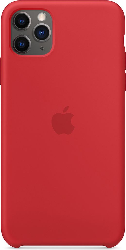 A red iPhone case with the Apple logo in the center.