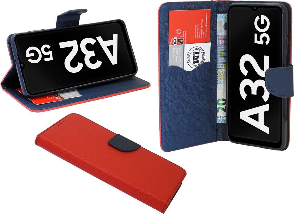 cofi1453 Buch Tasche "Fancy" kompatibel mit Samsung Galaxy A32 5G Handy Hülle Etui Brieftasche Schutzhülle mit Standfunktion, Kartenfach Rot-Blau