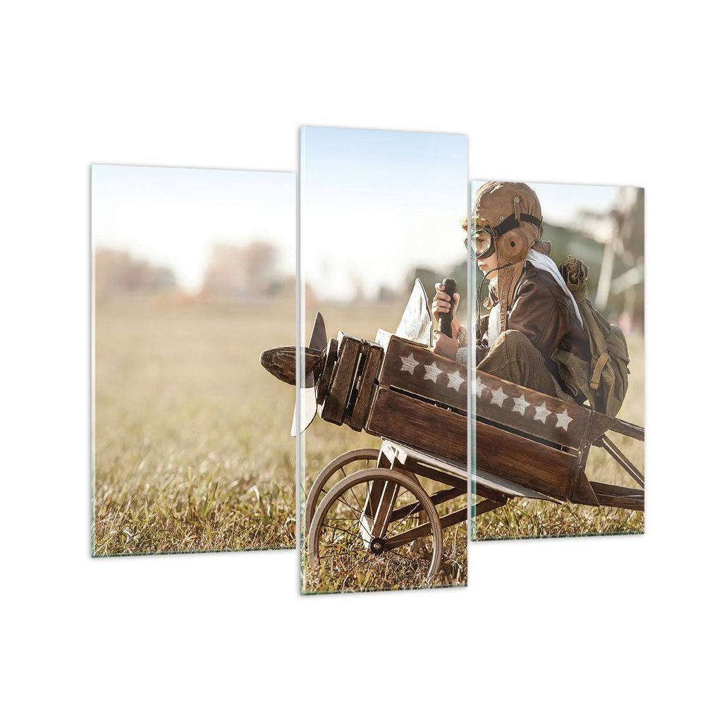 Bilder auf glas - 3 Teile - Kindheit Flugzeug Spielzeug - 130x100cm - Glasbilder - Wandbilder - Bilder - Wanddekoration aus Glas - Glas Bilder - Wa...