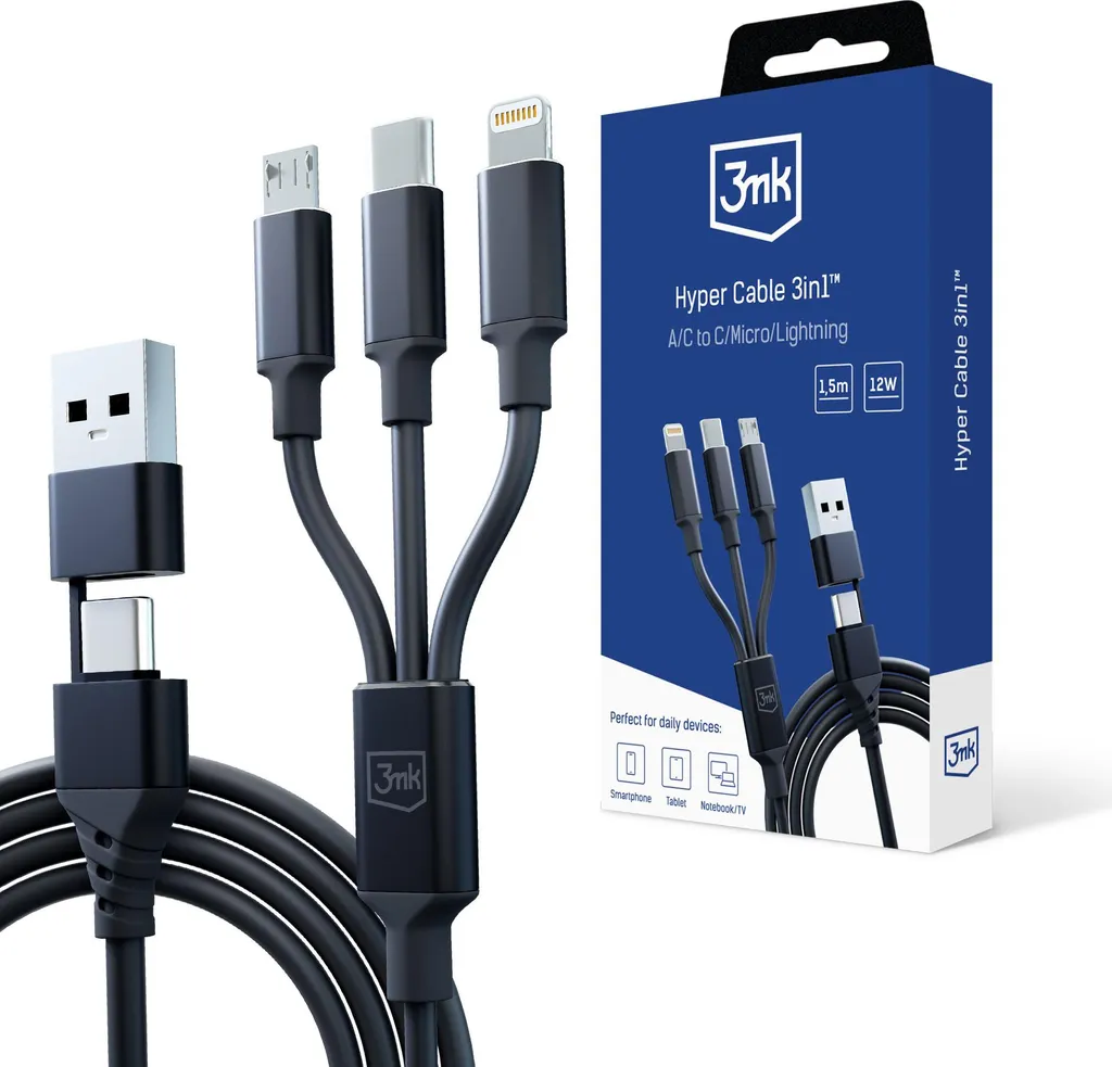Cavo 3mk Hyper 3in1 1,5M Nero: USB-A/C a C/Micro/Lightning Multicavo