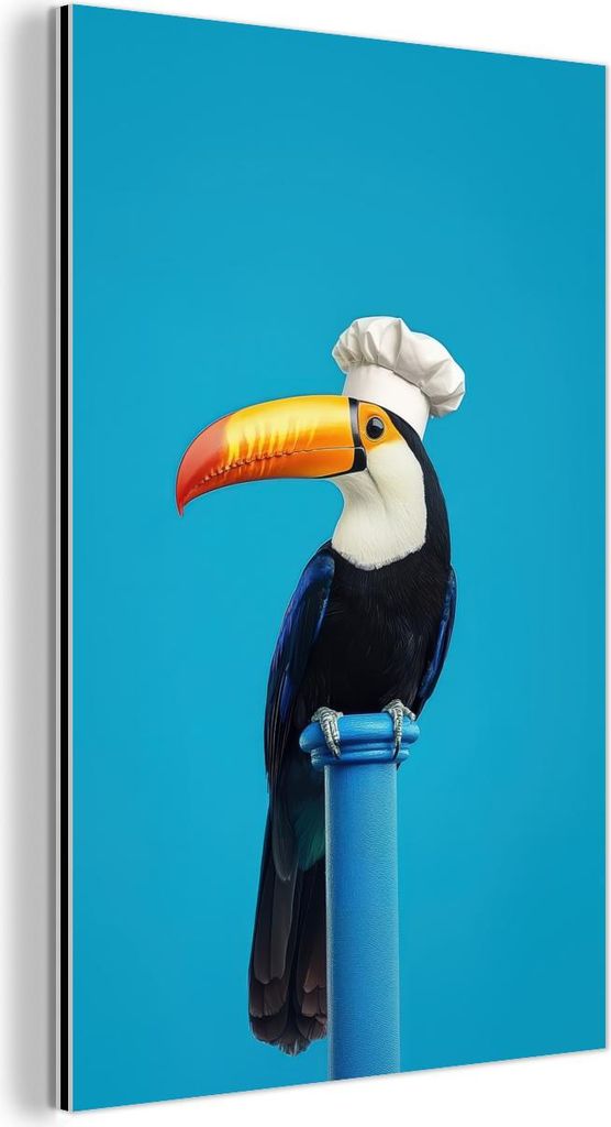 MuchoWow Wanddekoration Metall Metallbild Wandkunst 60x90 cm Tucan - Sockel - Vogel - Kochmütze MuchoWow Aluminium Gemälde - Wandbilder - Aluminium