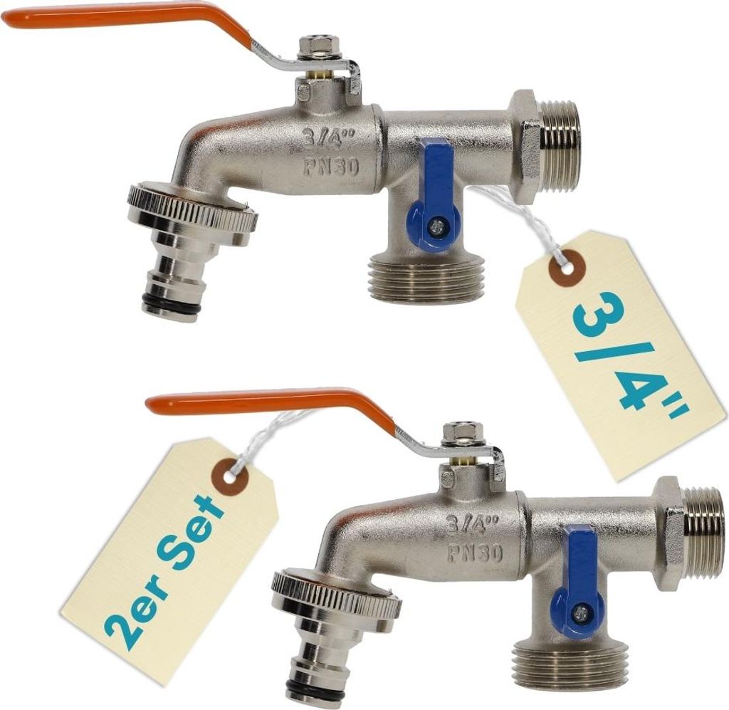 2er Set Garten Wasserhahn Kugelhahn 3/4" Doppelanschluss Außen 3/4 Zoll Doppel Wasserhahn Außenwasserhahn Doppelwasserhahn mit Schlauchanschluss