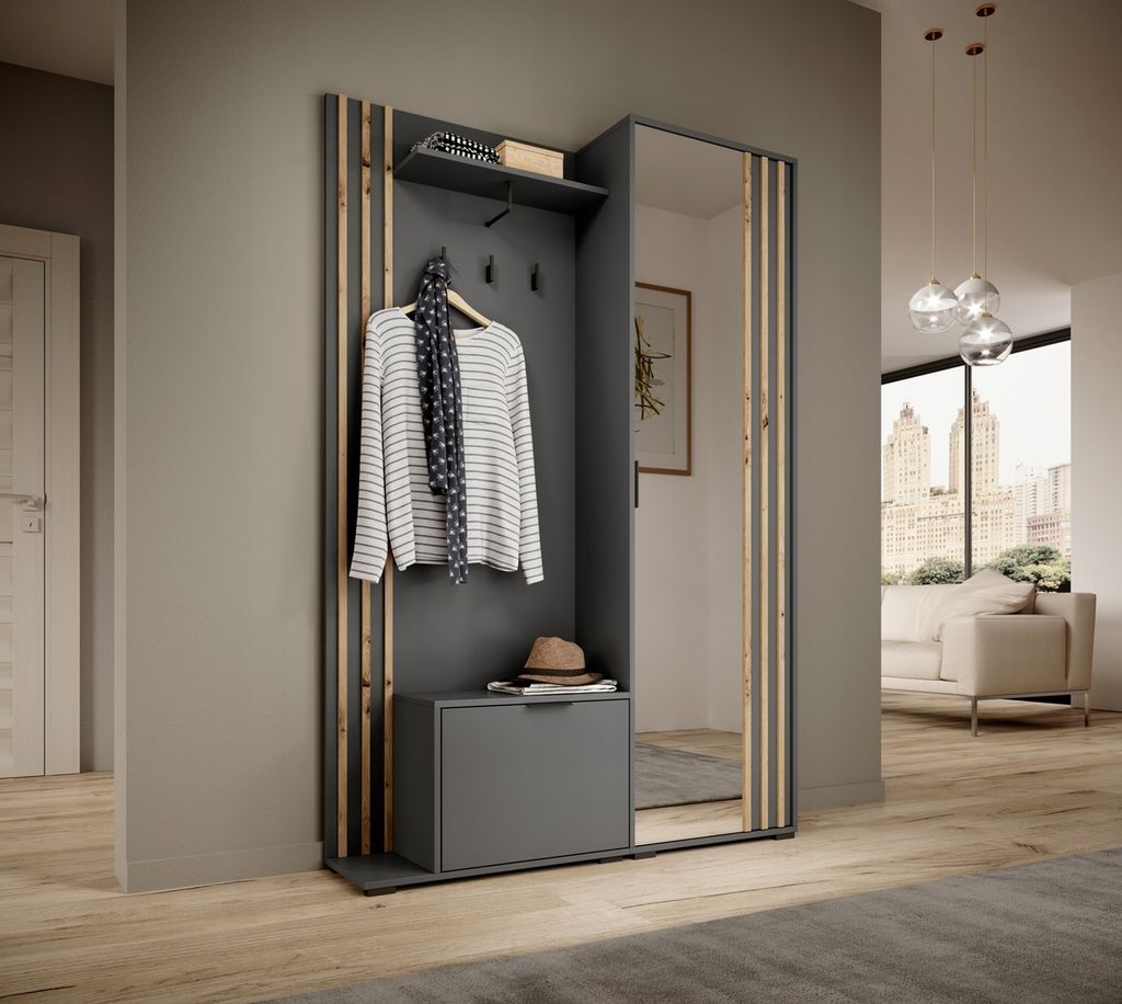 Garderobe-Set KELLY Kleiderständer Garderobe Schrank Schuhschrank Spiegel (Graphit)