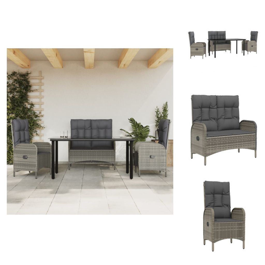 vidaXL 4-tlg. Garten-Essgruppe mit Kissen Grau Poly Rattan - Gartenmöbel-Sets