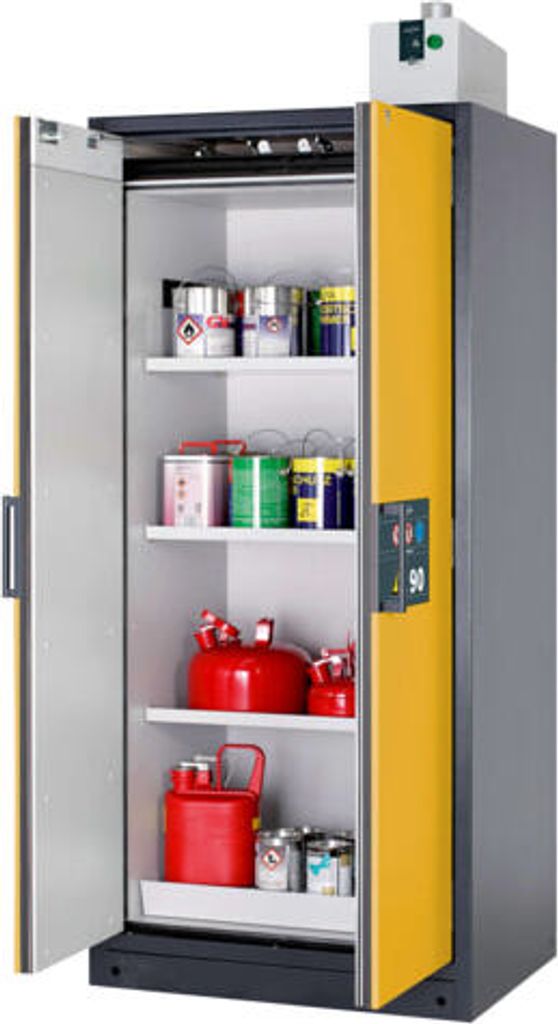 Transportabler Sicherheitsschrank Typ 90 - ca. 2 x 0,9 x 0,6 m (HxBxT) - 3 Fachböden - mit Lochblech - silber - Stahl