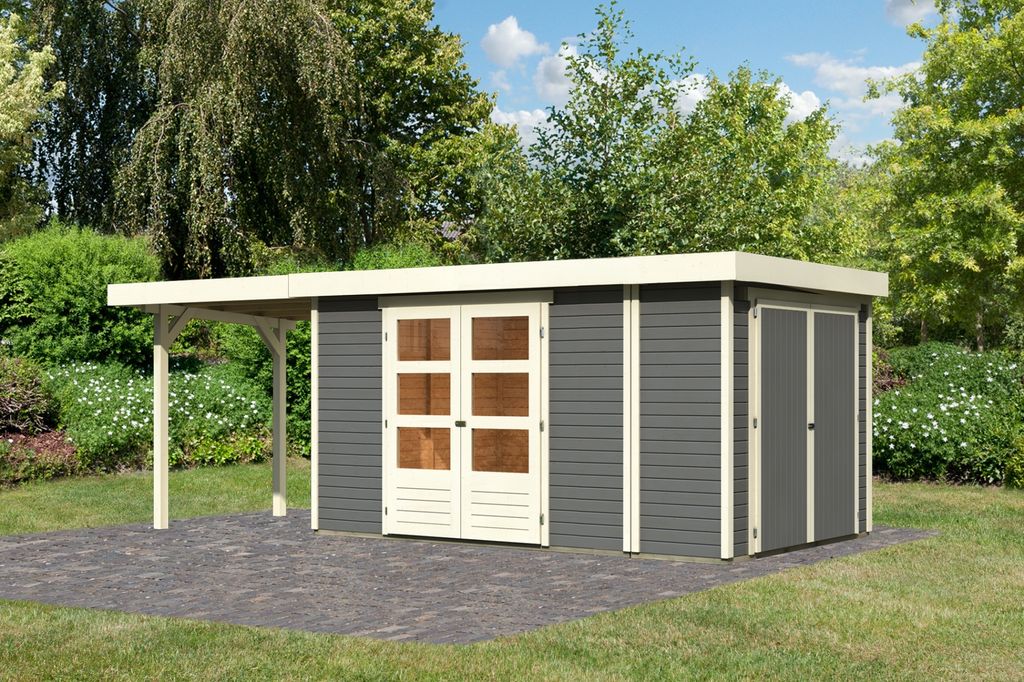 Karibu Gartenhaus Gerätehaus Retola 6 inkl. Anbauschrank und Anbaudach 2,40 m Breite terragrau 599x246x211 cm