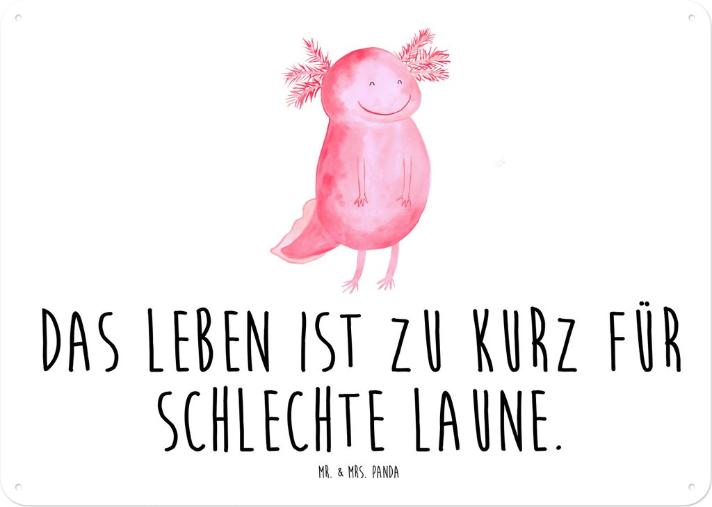 Mr. & Mrs. Panda Wandbild Axolotl Glücklich DIN A4 - Weiß - Geschenk, Lurch, Schild, gut Gelaunt, Motivation, Motivationsspruch, Retro Blechschil...