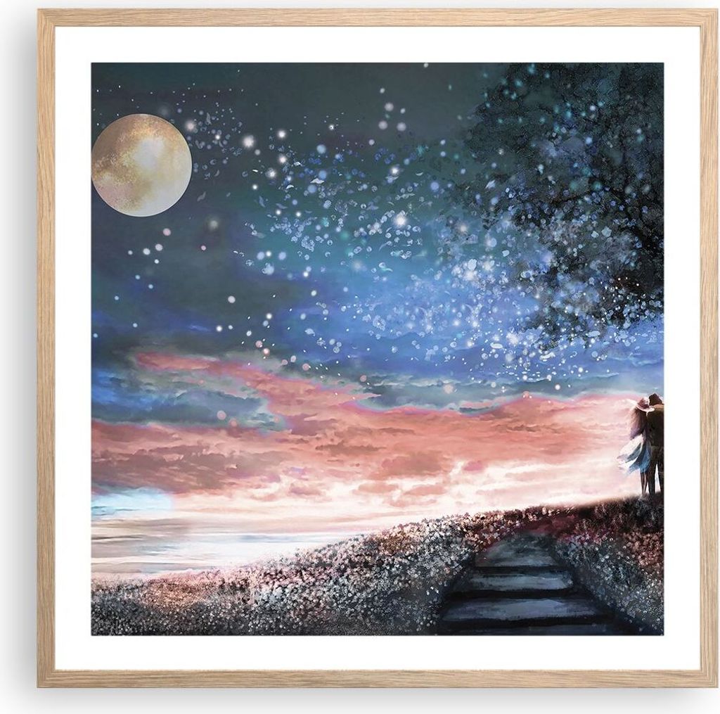 Gerahmtes Poster - Rahmen in heller Eiche - Himmel Mond Liebhaber - 60x60 cm - Wand Bild - Wanddeko - Wandbilder - Kunstposter - Wandposter - Bilde...