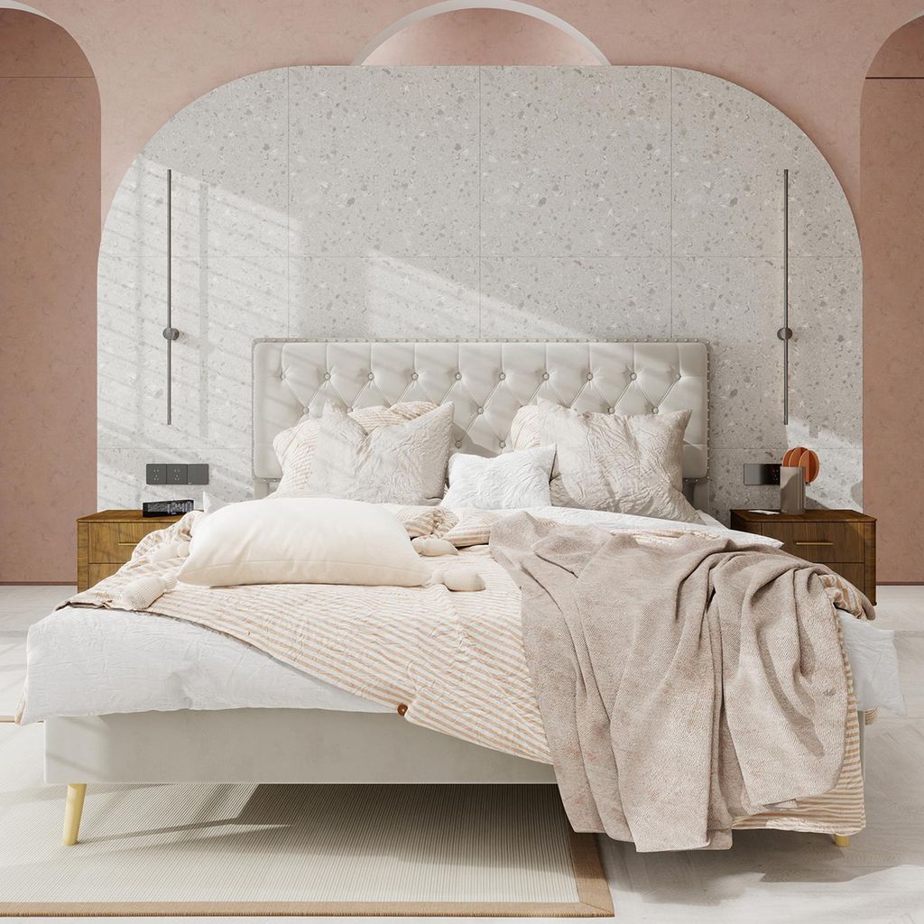 Sweiko Modern minimalist soft bed, comfortable and soft headboard, 140x200CM, beige, multifunctional bedroom furniture, low box bed frame without l...