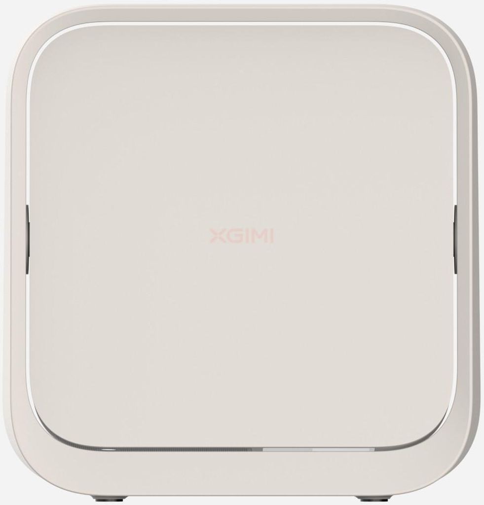 A product shot of a white projector on a white background.