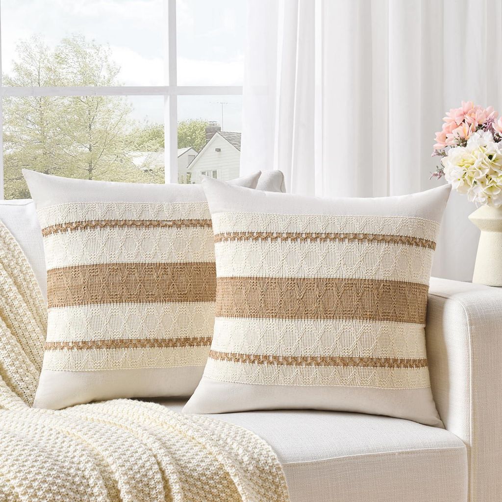 Set mit 2 Boho-Kissenbezügen 40x40 cm, neutrale, dekorative Leinenkissenbezüge, Kissenbezüge für Sofa, Schlafzimmer, Wohnzimmer