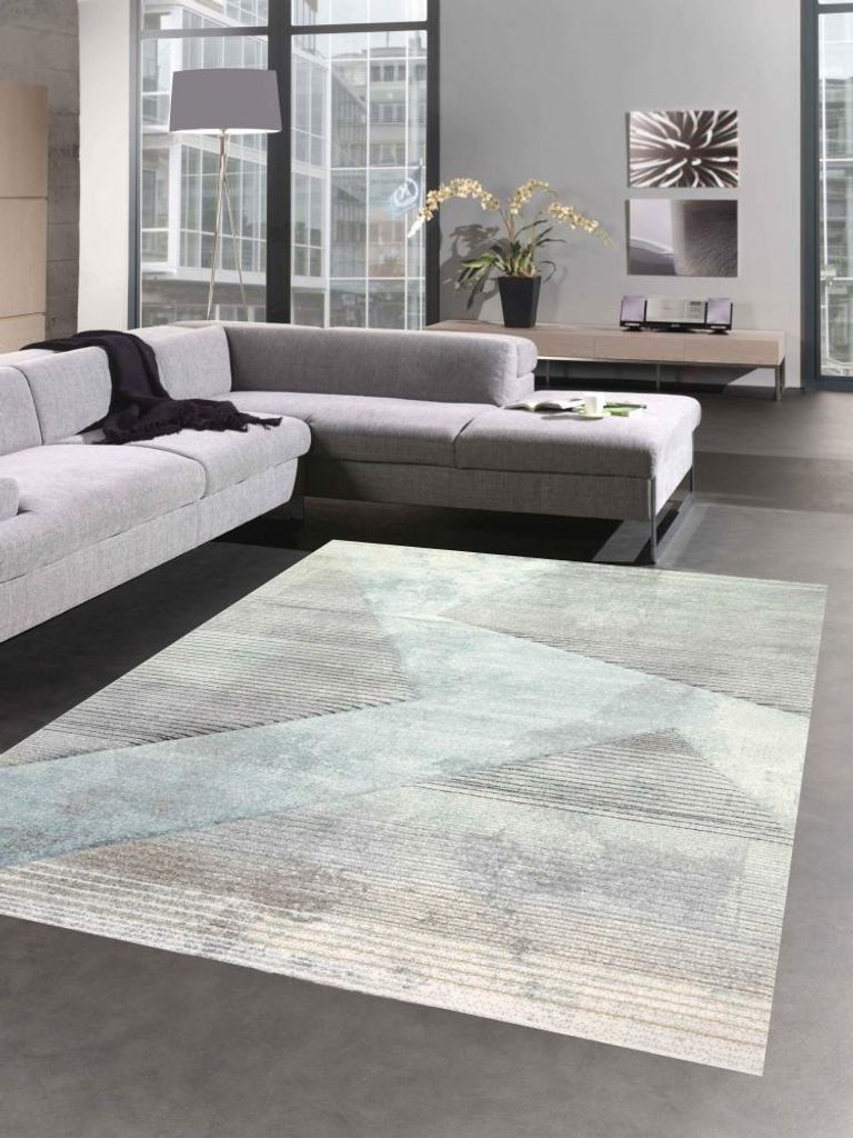 Abstrakter Teppich Wohnzimmer modernes gestreiftes Muster grün blau grau schwarz - pflegeleicht Größe - 60x110 cm