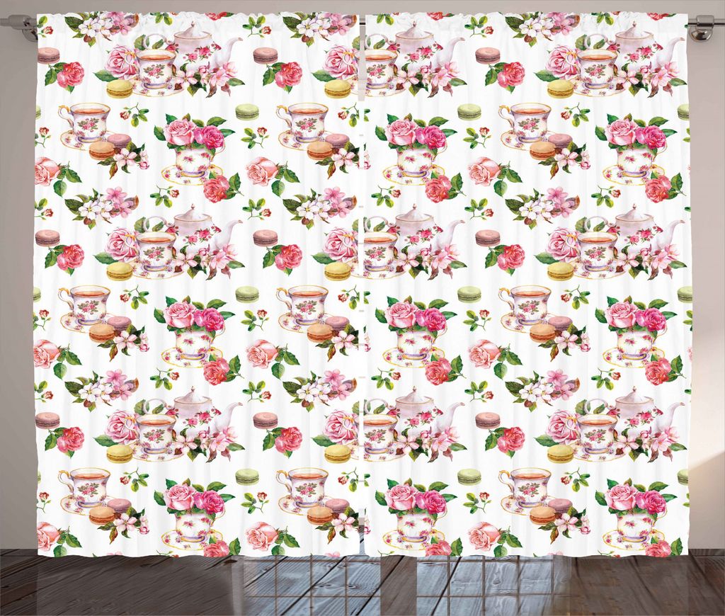 ABAKUHAUS Jahrgang Rustikaler Gardine, Bunte Antike Teekanne, Schlafzimmer Kräuselband Vorhang mit Schlaufen und Haken, 280 x 245 cm, Mehrfarbig