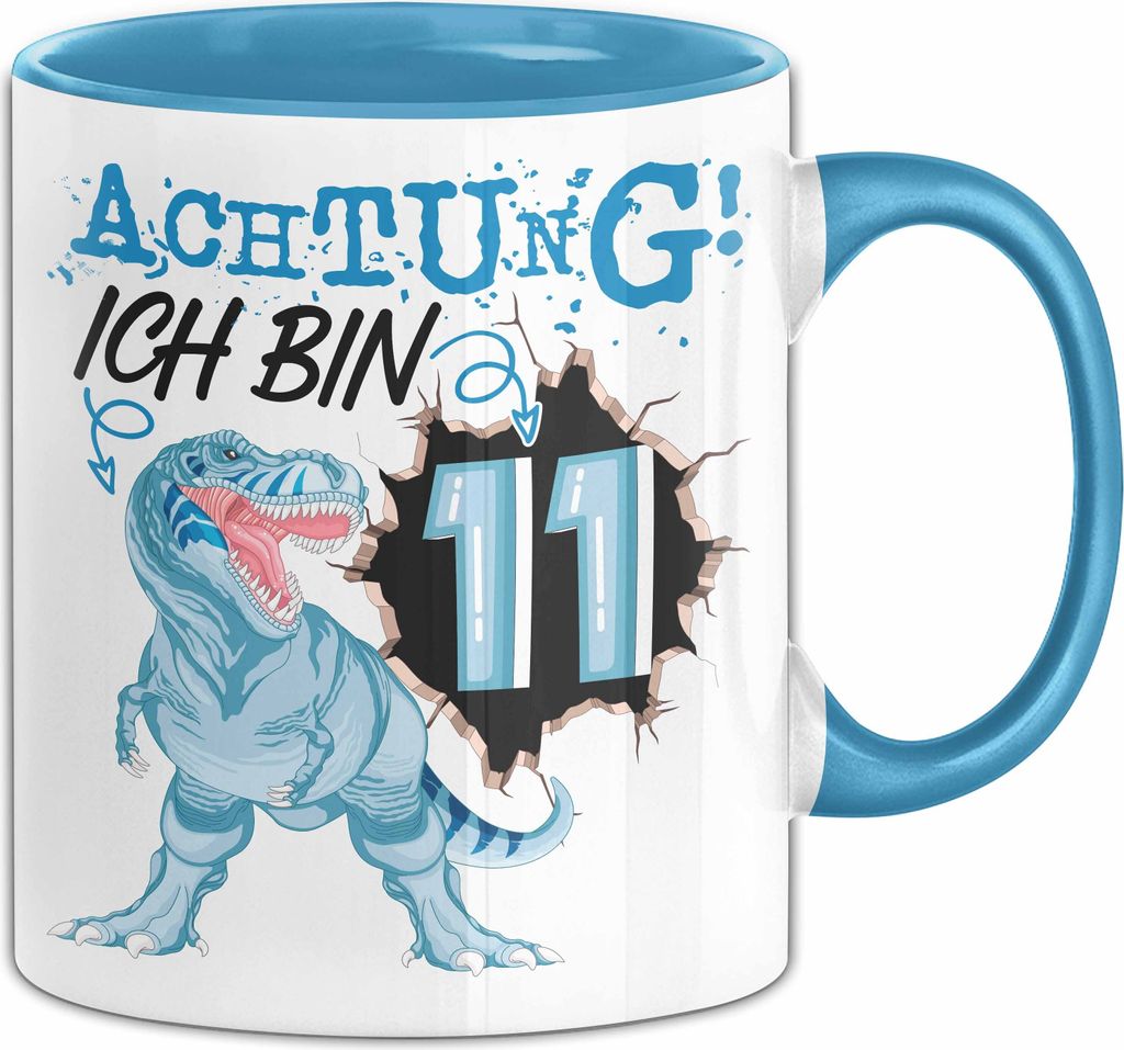 11. Geburtstag Geschenk Tasse Becher Jungs Sohn T-Rex Geburtstagsgeschenk Dinosaurier Achtung Ich bin 11 (Blau)