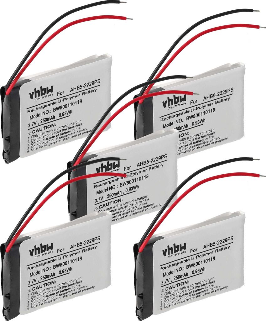 vhbw 5x Akku kompatibel mit Jabra Pro 923, 920, 935, 930, 900 Wireless Headset Kopfhörer (250 mAh, 3,7 V, Li-Polymer)