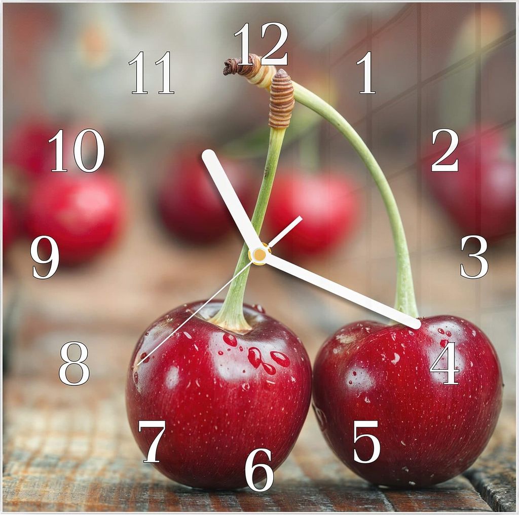 Wanduhr aus Glas mit Motiv Frische Kirschen- 30 x 30 cm - inkl. Aufhängesystem