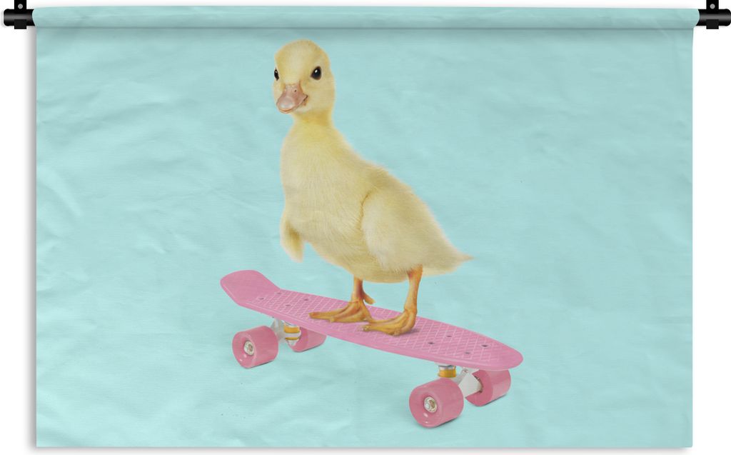 MuchoWow Wandteppich Wandbehang Ente - Küken - Skateboard - Blau - Rosa 120x80 cm Tapisserie Dekoration Wandtuch - Wanddekorationen - Wandtücher