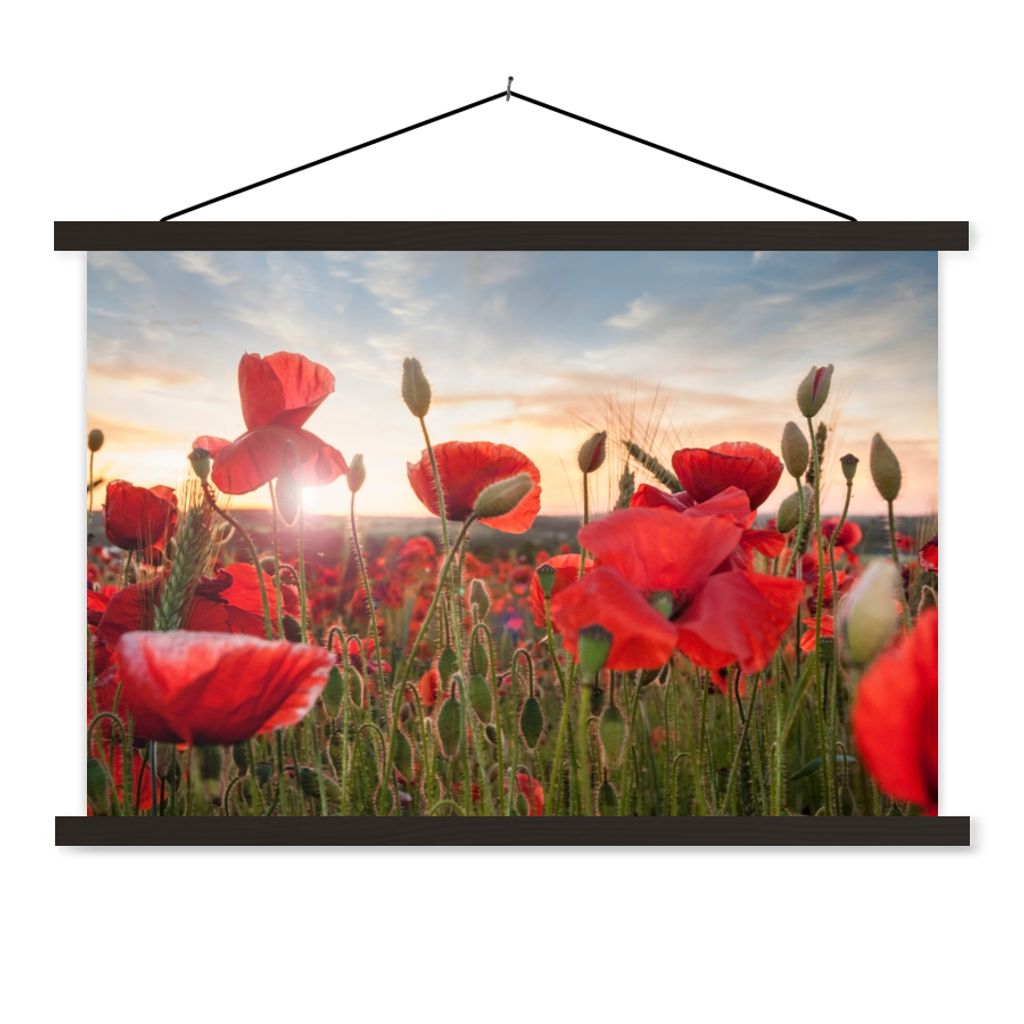 MuchoWow Textilposter Sonnenuntergang hinter den schönen Mohnblumen 150x100 cm mit schwarzem Rahmen - Schlafzimmer