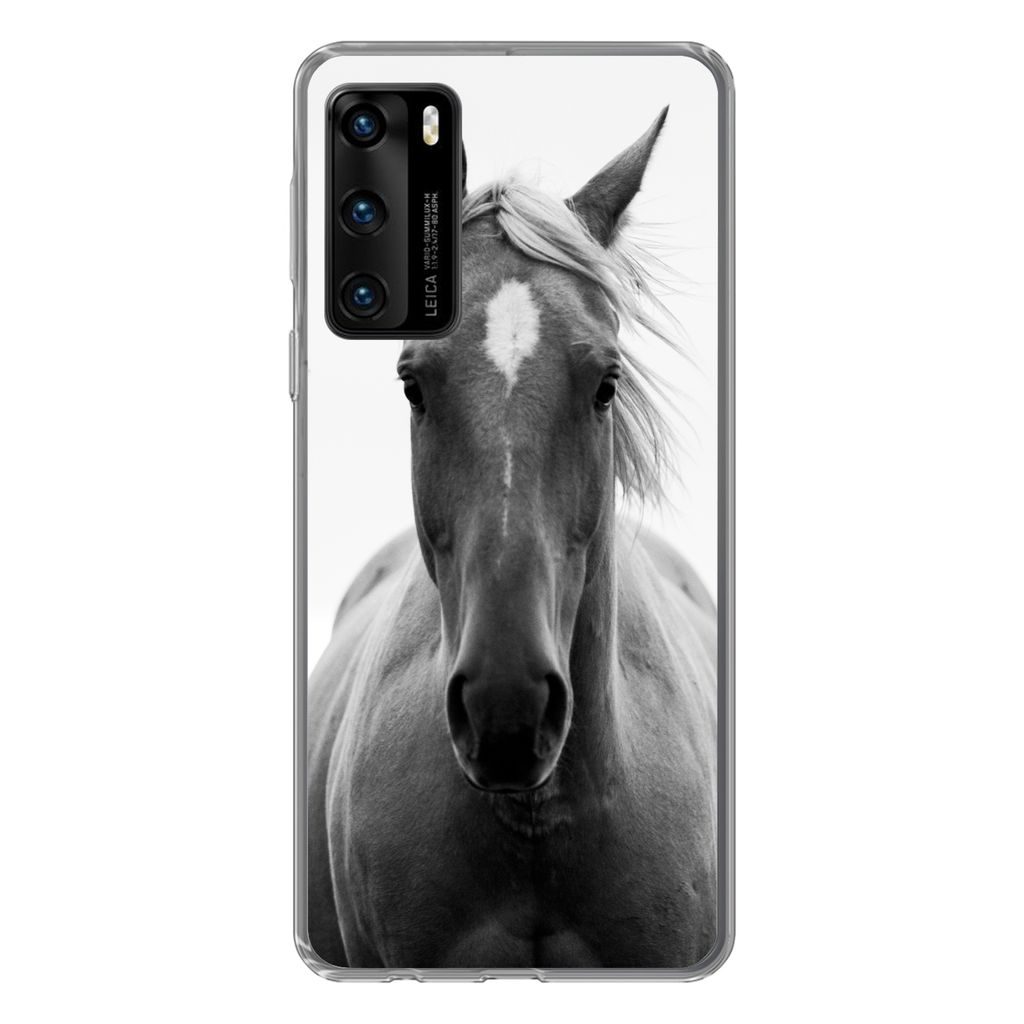 MuchoWow Handyhülle Schutzhülle Hülle für Huawei P40 Pferd - Tier - Schwarz - Weiß Silikon Softcase Handy Hülle - Handytasche