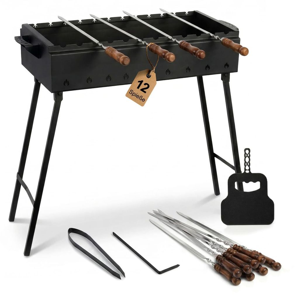 Klappbarer Schaschlikgrill 80 cm Stahl 2 mm 12 Edelstahlspießen mit Holzgriff & Grillfächer – BBQ Mangal für Grillspieße oder Grillrost, idea...