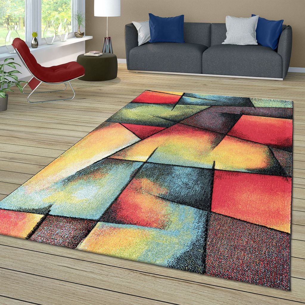 TT Home Wohnzimmer Teppich Bunt Kurzflor Wohnzimmerteppich Meliert 3D Optik Geometrisch Größe 80x300 cm