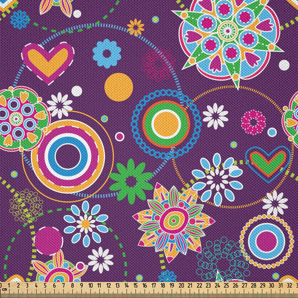 ABAKUHAUS Hippie Satin Stoff als Meterware, Sechziger-Stil-Illustration mit Frieden und Liebe Themen Herzen Blumen und Kreise, 5 M (148 x 500 cm), ...