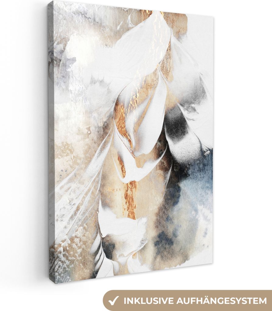 Wandbilder wohnzimmer 60x90 cm - Abstrakt und Modern - Weiß - Gold, Leinwand Bilder, Wanddeko, Gemälde