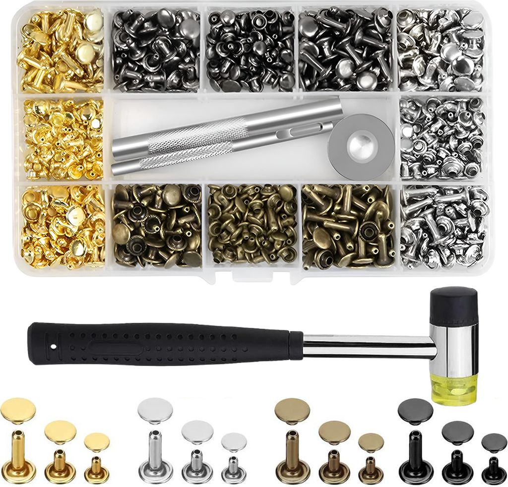 360 Sets Leder-Nieten-Set 4 Farben Doppelkopfnieten für Leder 3 Größen mit Gummihammer-Montagewerkzeug-Set 3 Teile für DIY-Lederhandwerk, Kleid...