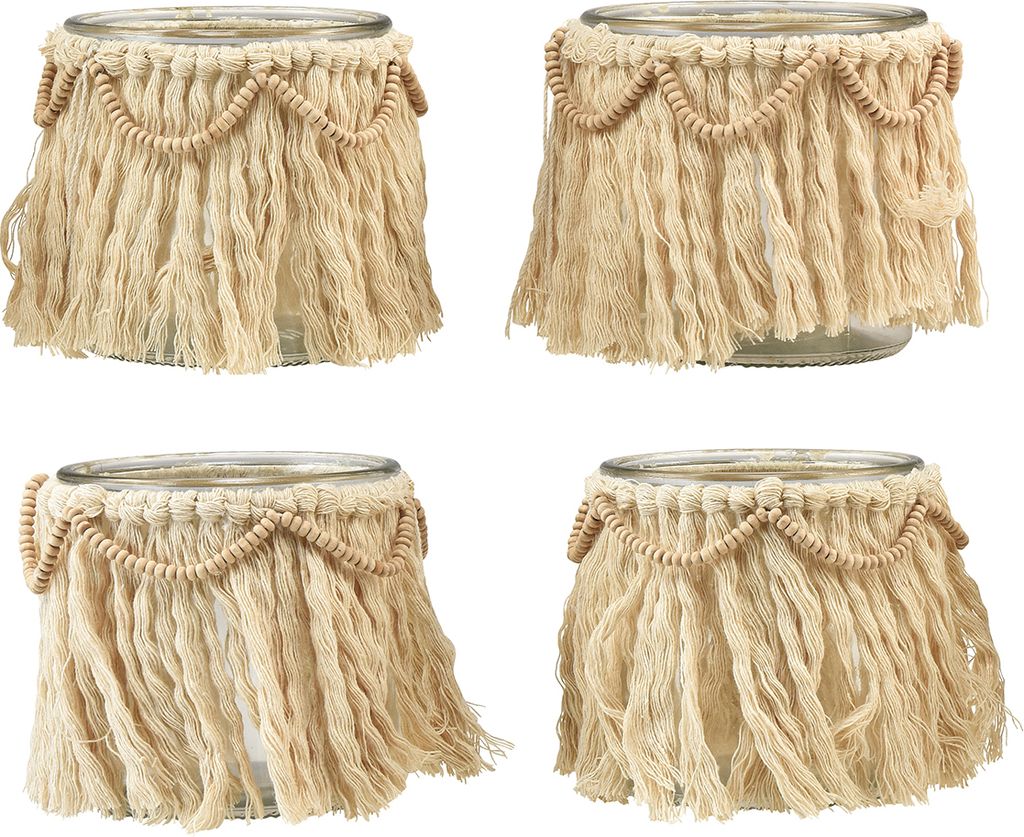 Boho Windlicht Set Makramee Fransen Creme Teelichthalter Deko Ø9,5cm 4Stück