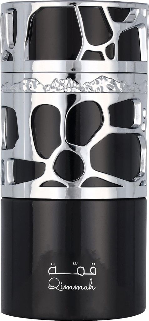 A black perfume bottle with a silver decorative cage-like overlay.