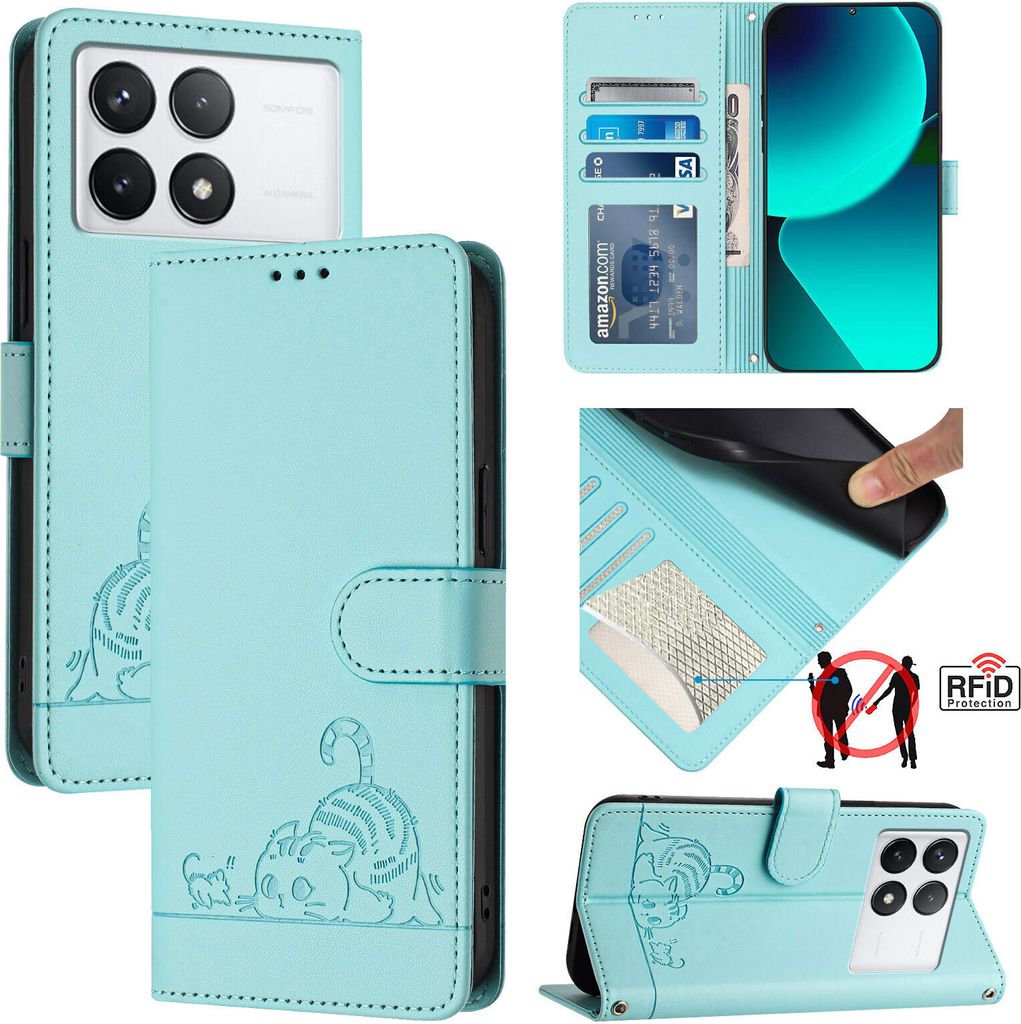 Leder Hülle für Xiaomi Redmi K70 / K70 Pro Süße Katze Flip Case Brieftasche Schutzhülle mit Standfunktion hellgrün