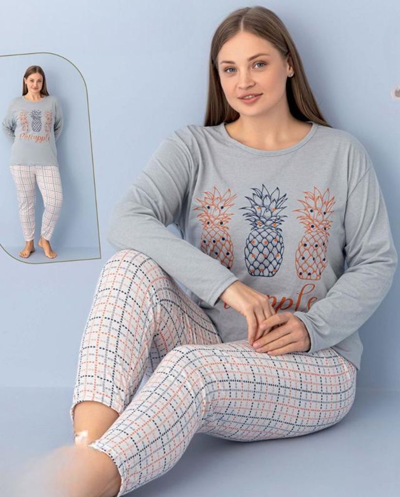 Damen Pyjama Schlafanzug Hellgrau XXL Lang  2-Teiler Set Produktbild 