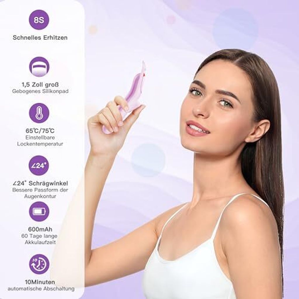 Beheizte Wimpernzange Professionell - mit innovativem Heizsilikon, elektrische 600mAh wiederaufladbarem Akku Voilet EC4001