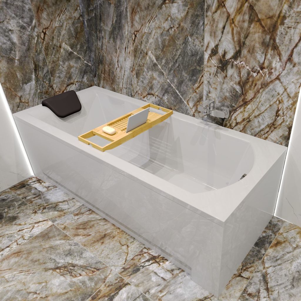 Badewanne Rechteck Set 5in1 140x70 mit Premium Ablaufgarnitur und Füßen GRATIS + Verkleidung (AcrylSchürze) + Kopfstütze in Schwarz | BADLAND SHEA