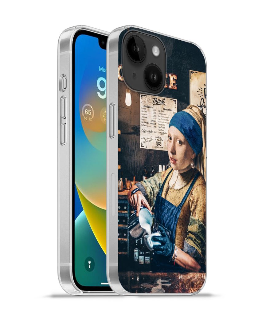 MuchoWow Handyhülle Schutzhülle Hülle für Apple iPhone 14 - Softcase Mädchen mit Perlenohrring - Cappuccino - Barista - Vermeer - Kaffee - G...