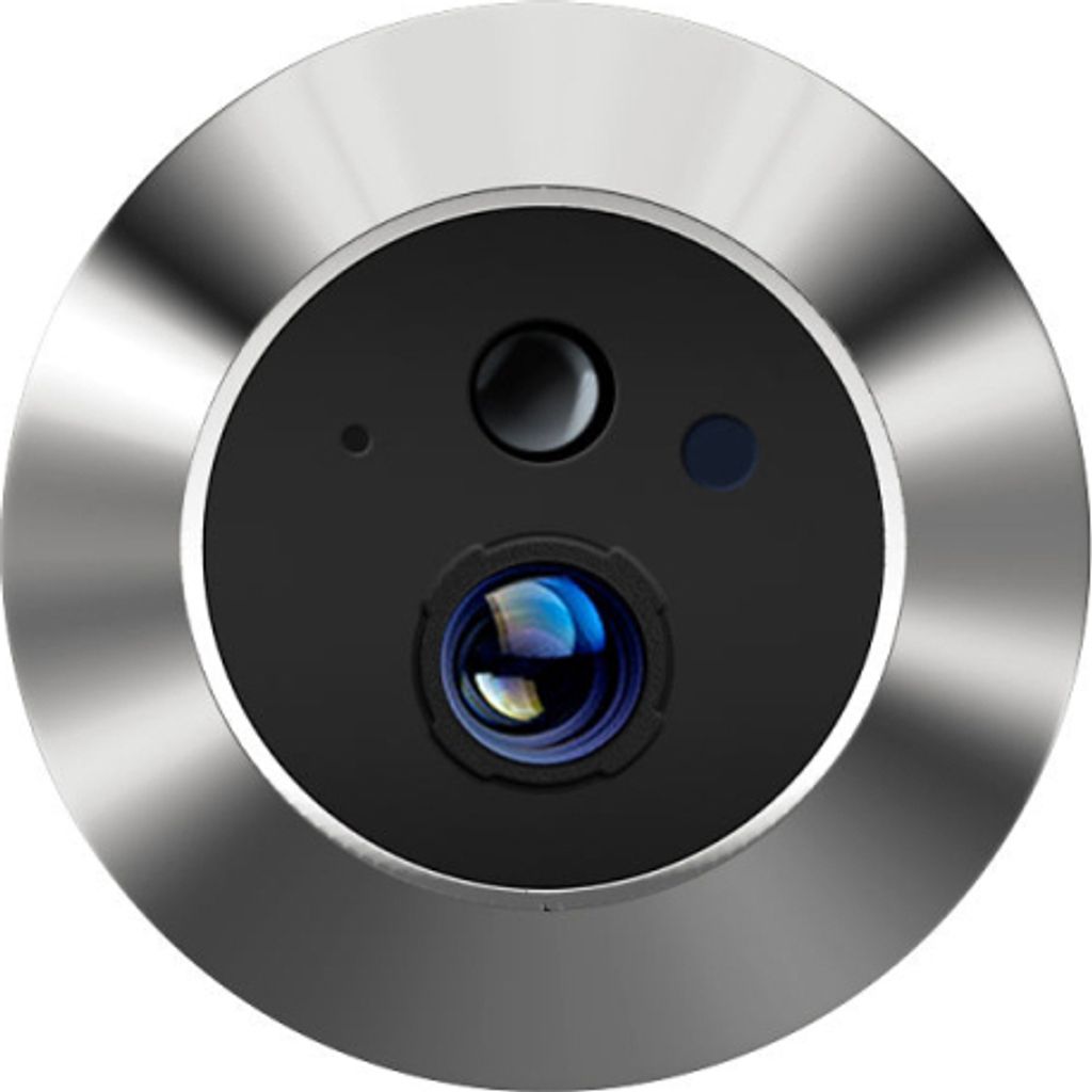 A close-up, front-facing view of a digital peephole with a silver metallic bezel and a black central unit containing a lens, a button, and indicator lights.