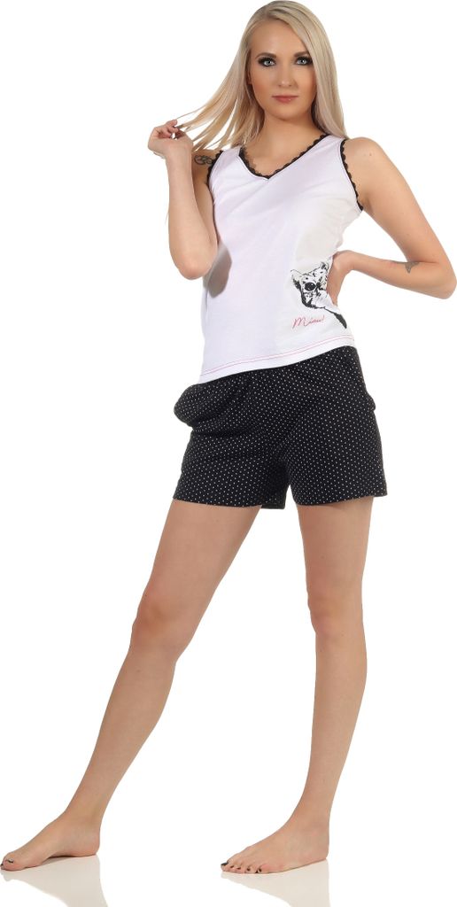 Damen Achselhemd Shorty Pyjama Tanktop mit Katze als Motiv, Hose in Tupfen Optik ; weiss , 44